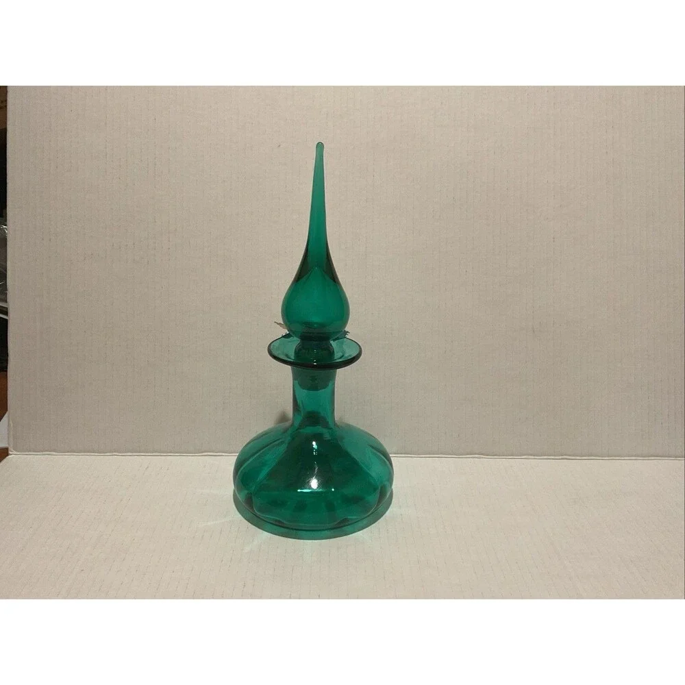 Vintage MCM Art Glass Genie Bottle Decanter Emerald Green